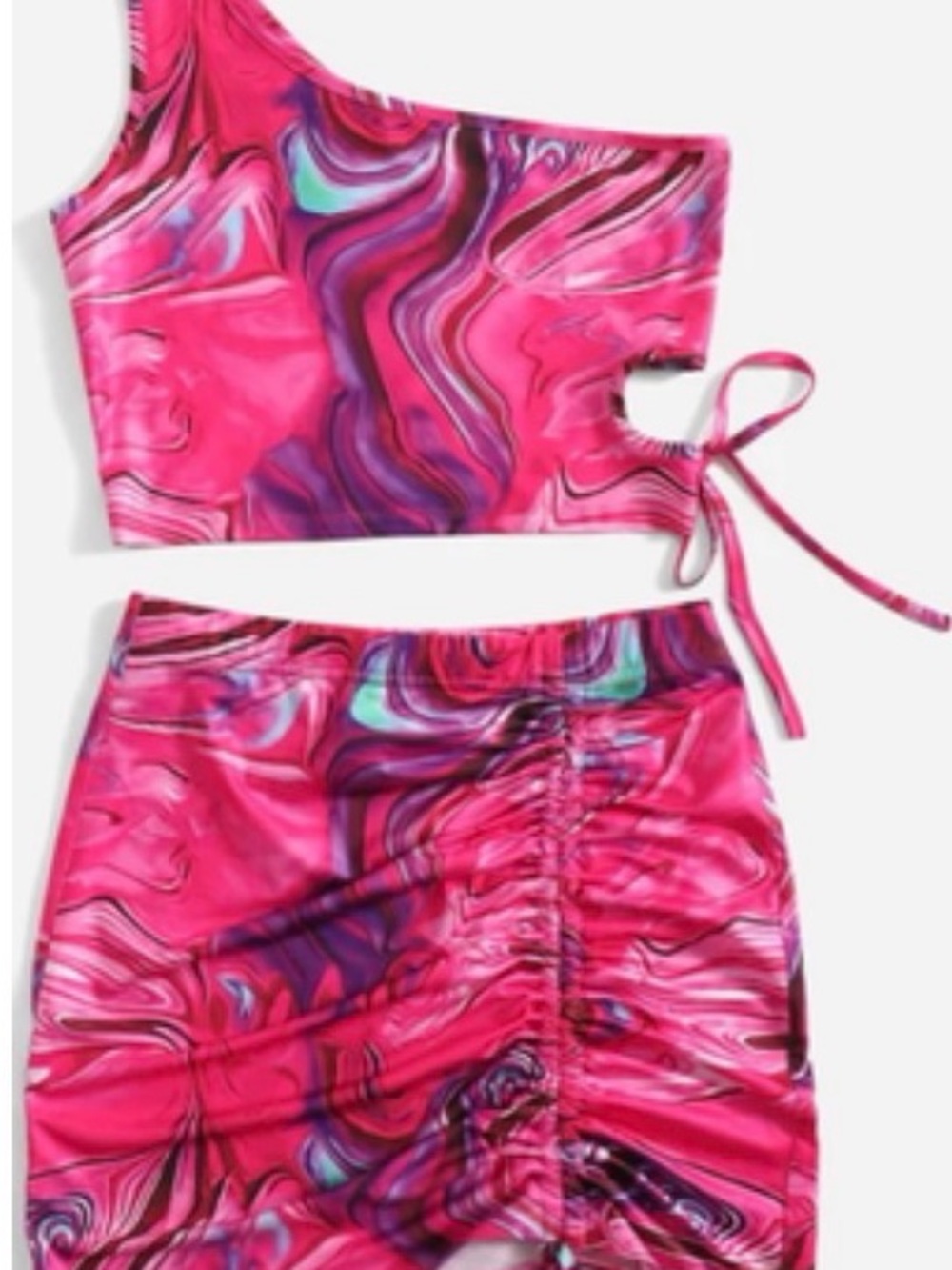 SHEIN Pink Swirl Ruched Mini Skirt Set